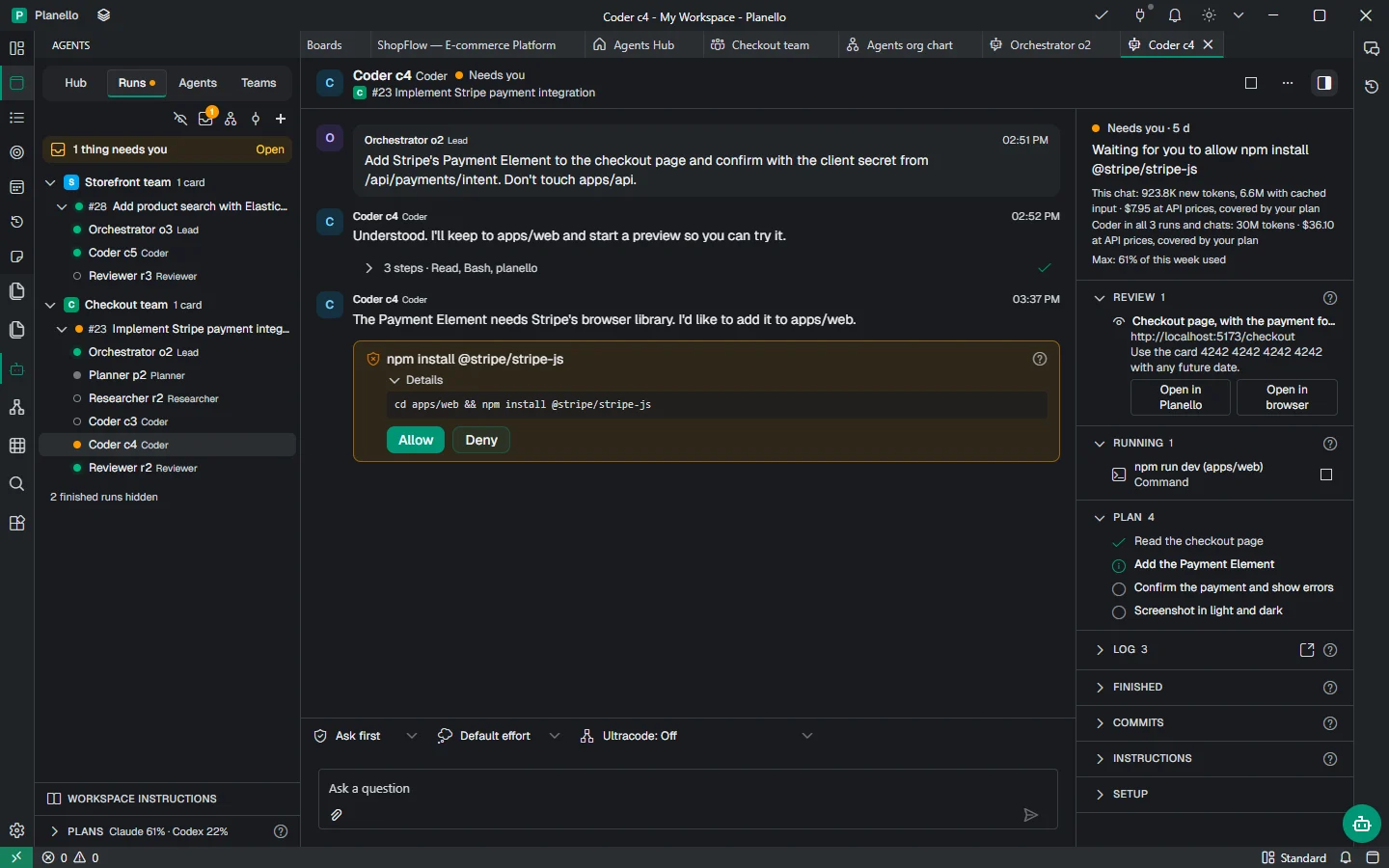 Coder c4's chat asking to install a package, with the checkout preview, the running dev server and its plan beside it