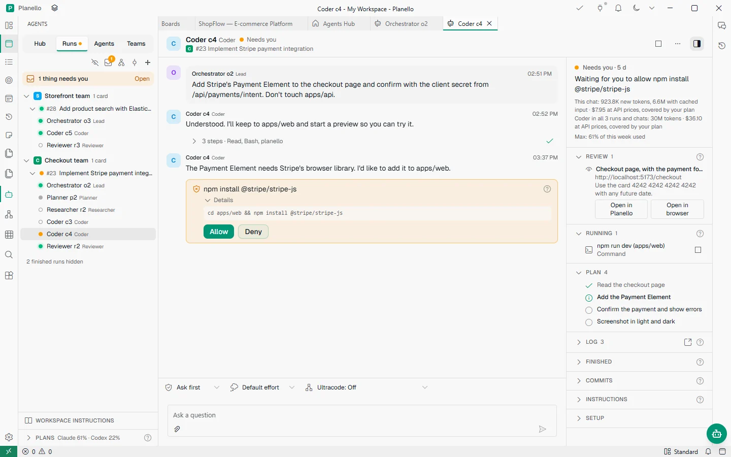Coder c4's chat asking to install a package, with the checkout preview, the running dev server and its plan beside it