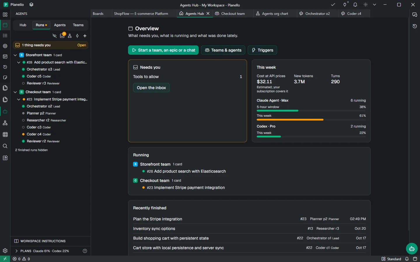 Agents Hub: one tool waiting to be allowed, this week's cost and plan limits, two teams running and recently finished work