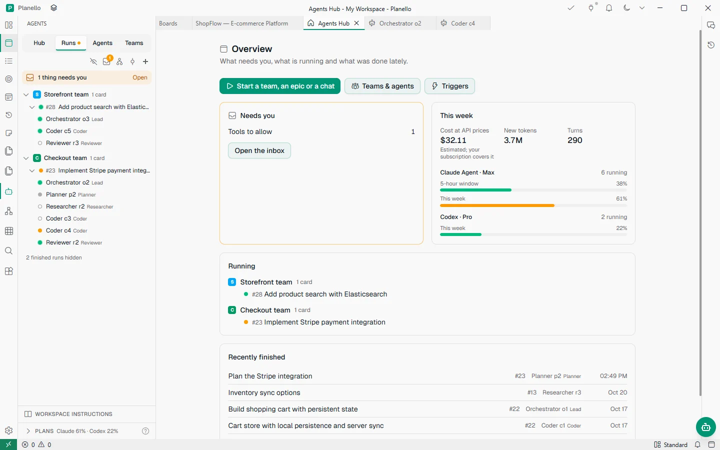 Agents Hub: one tool waiting to be allowed, this week's cost and plan limits, two teams running and recently finished work