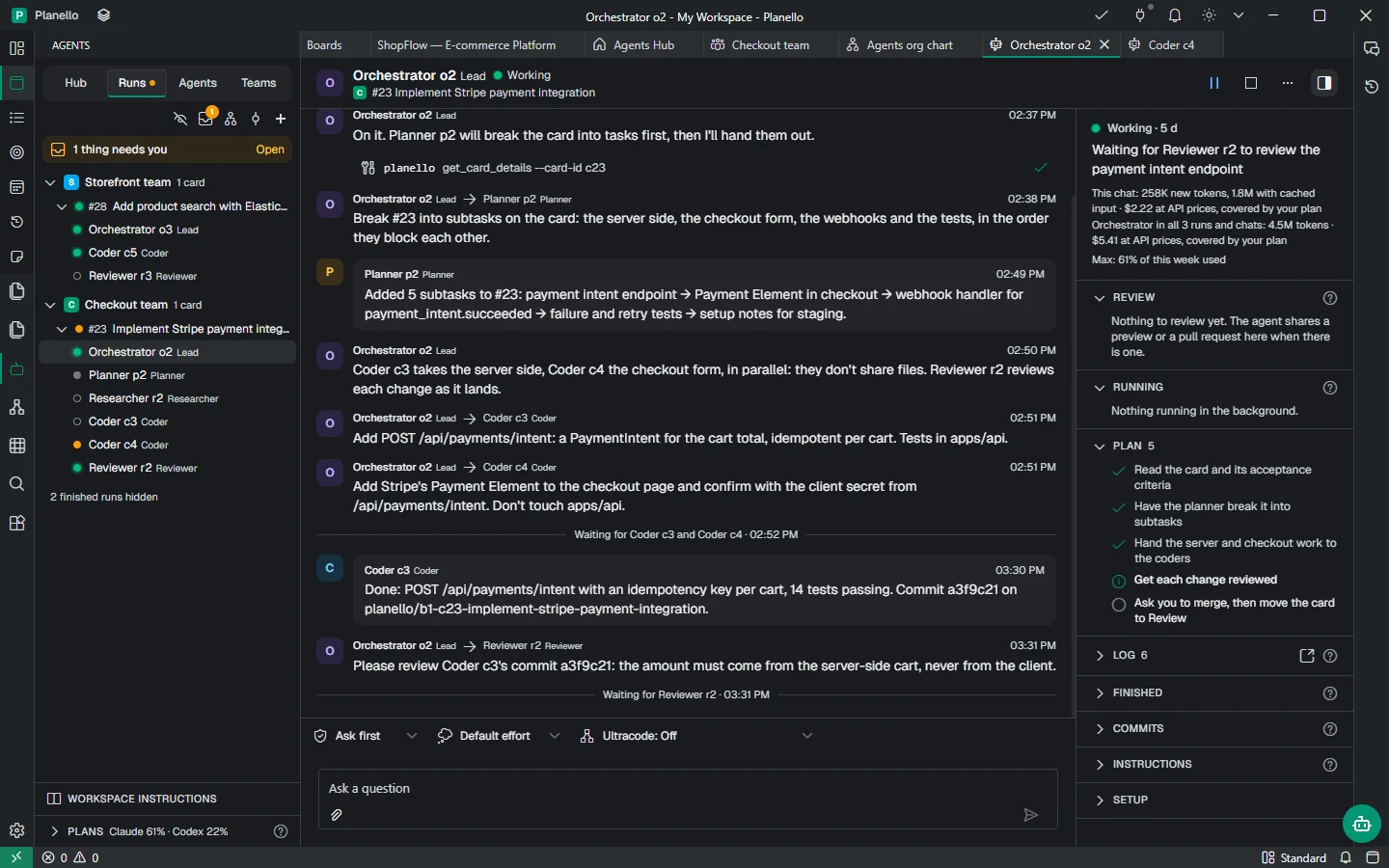 The Checkout team's lead working on ShopFlow card #23: its chat with the planner and two coders, the team's runs in the side panel and the plan beside the chat