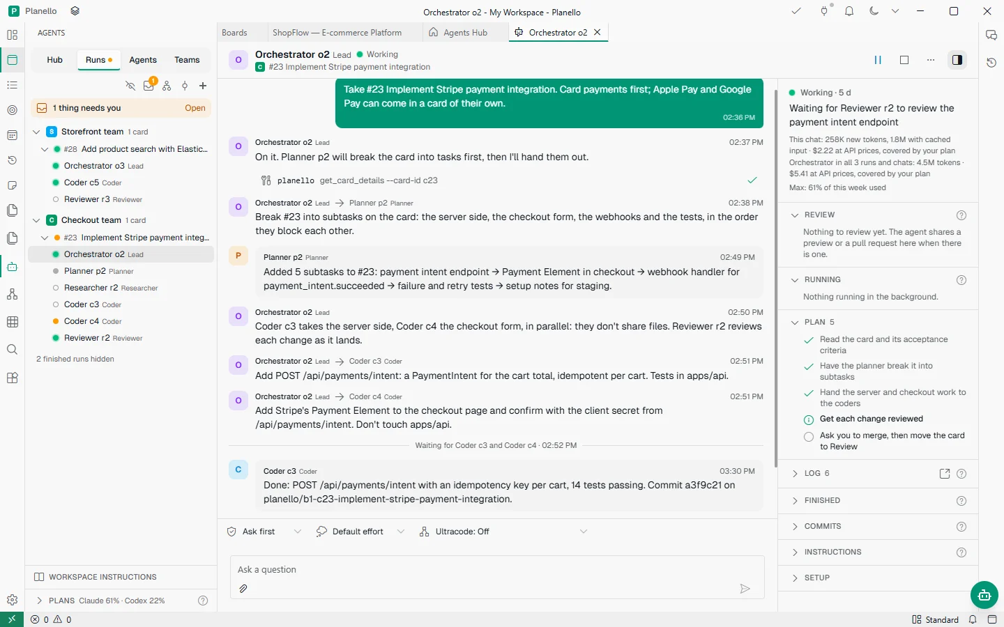 The Checkout team's lead working on ShopFlow card #23: its chat with the planner and two coders, the team's runs in the side panel and the plan beside the chat