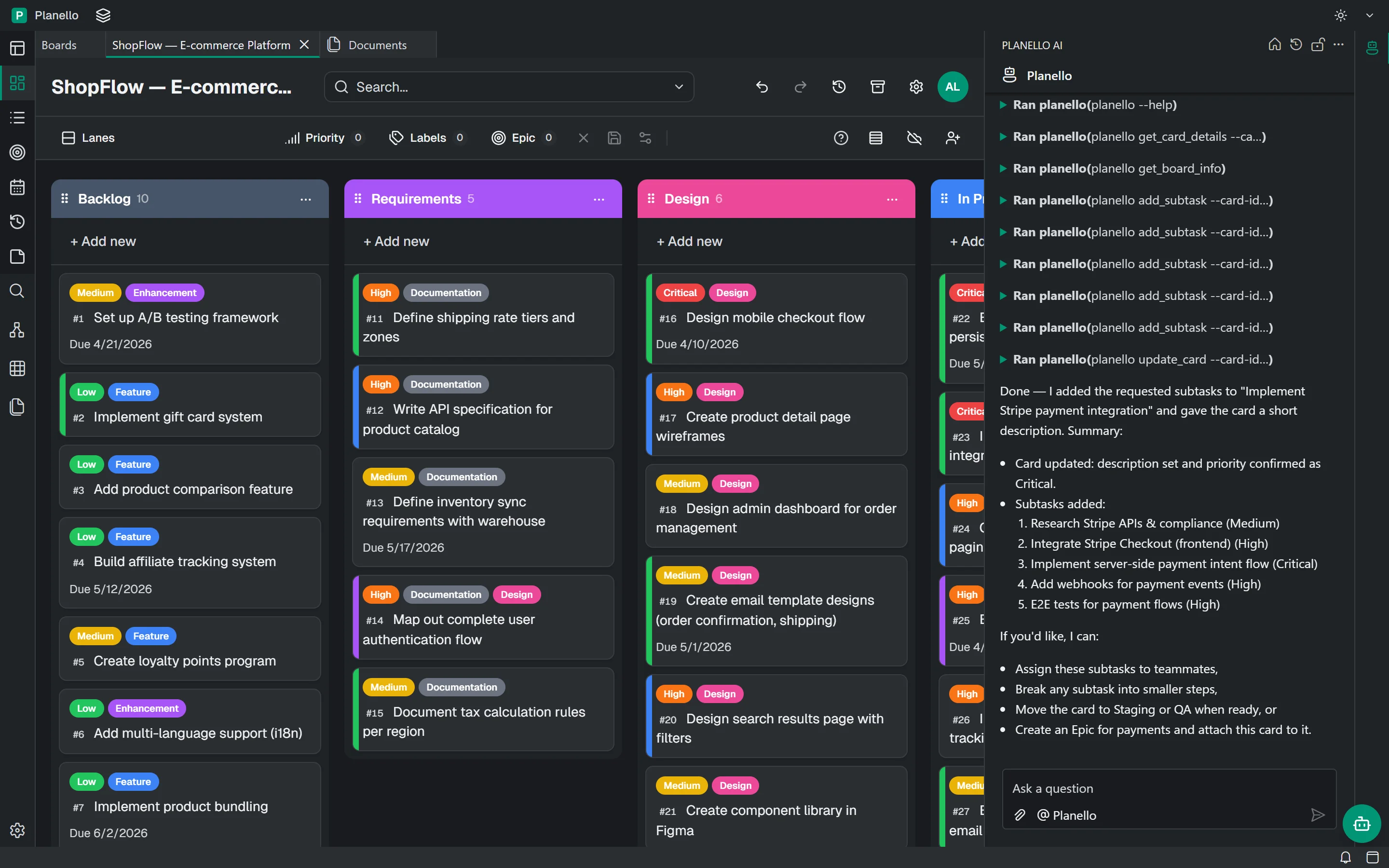 The ShopFlow demo board in Planello, with Planello AI adding subtasks to a card