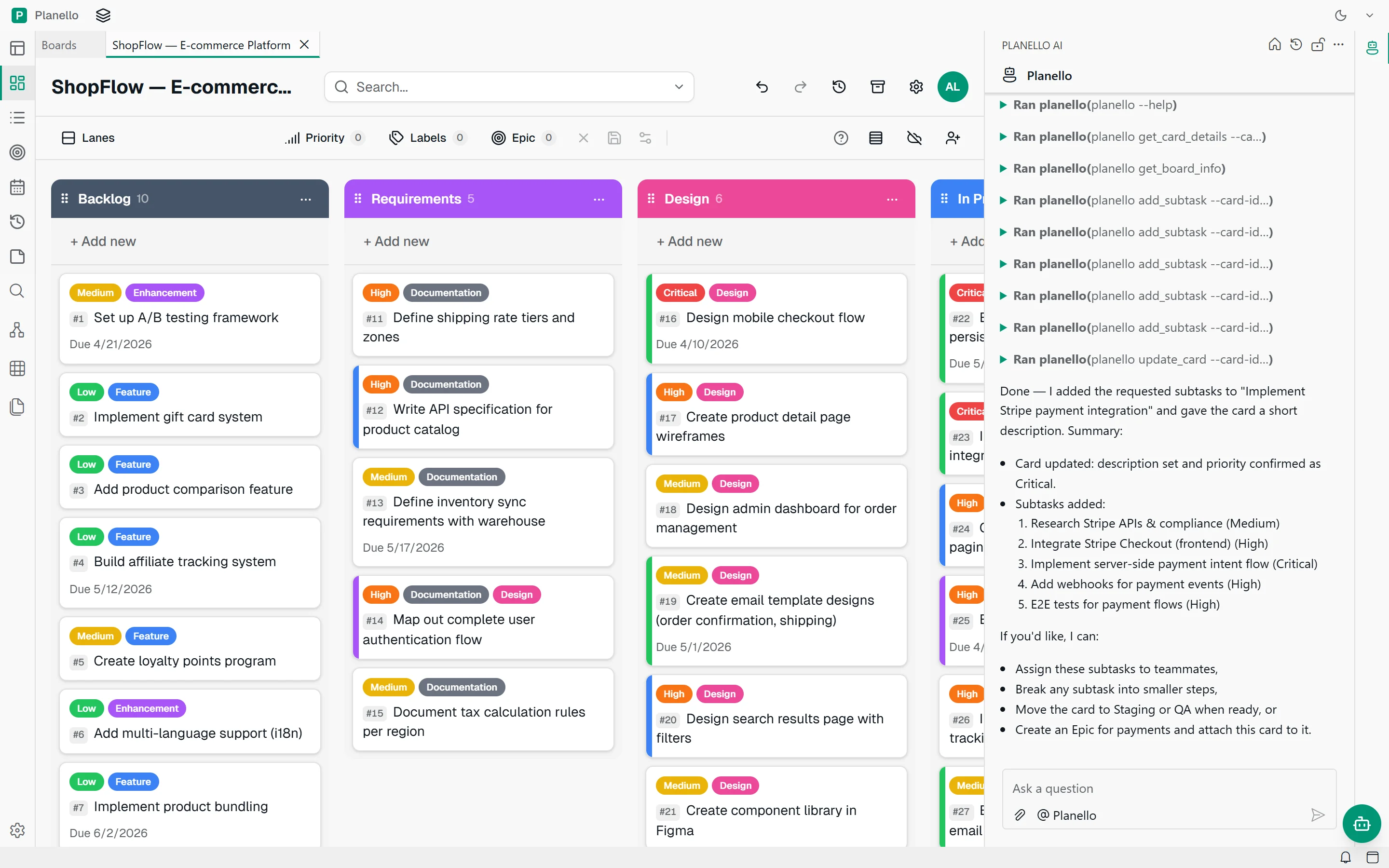 The ShopFlow demo board in Planello, with Planello AI adding subtasks to a card