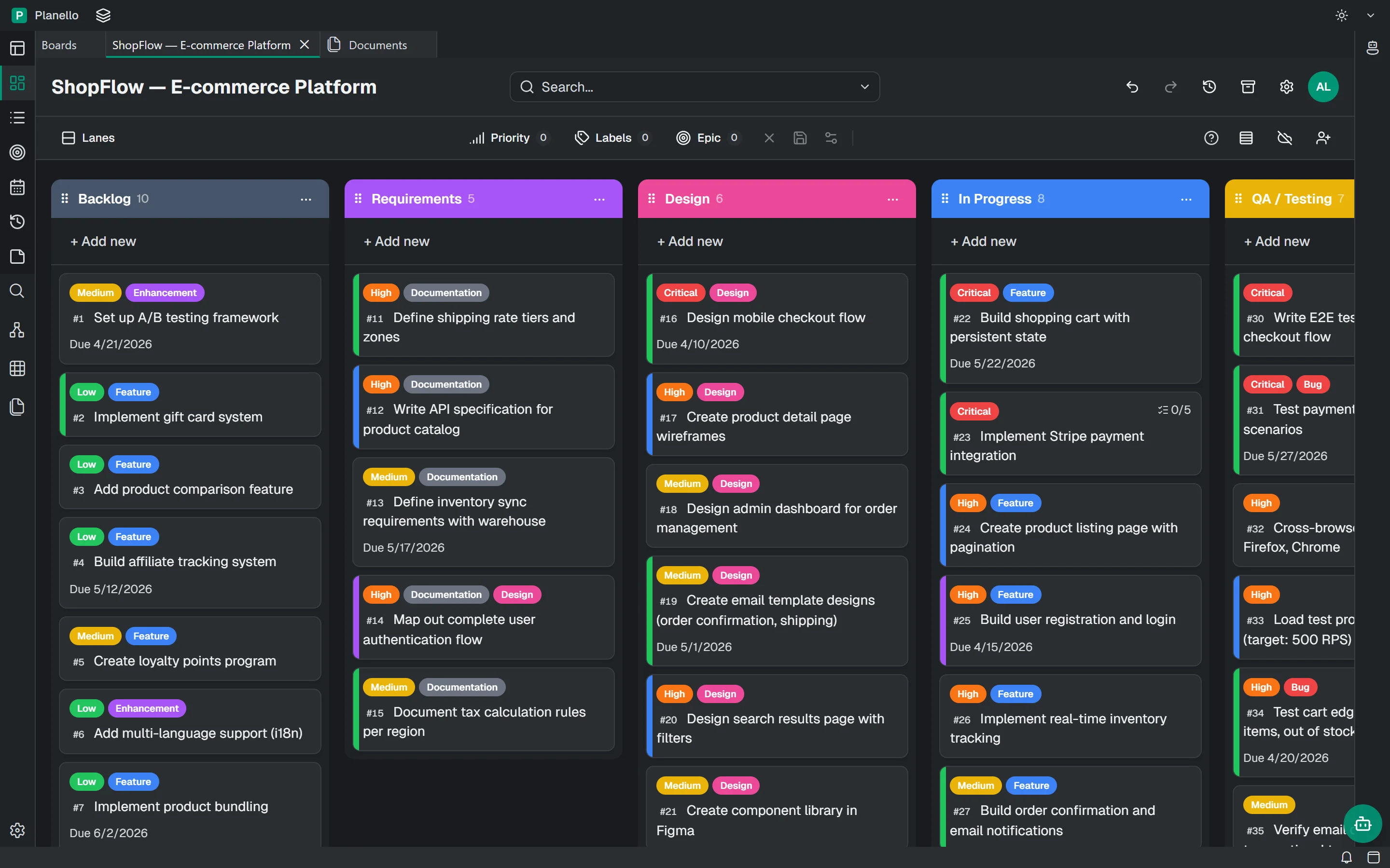 The ShopFlow board with Backlog, Requirements, Design, In Progress and QA lists