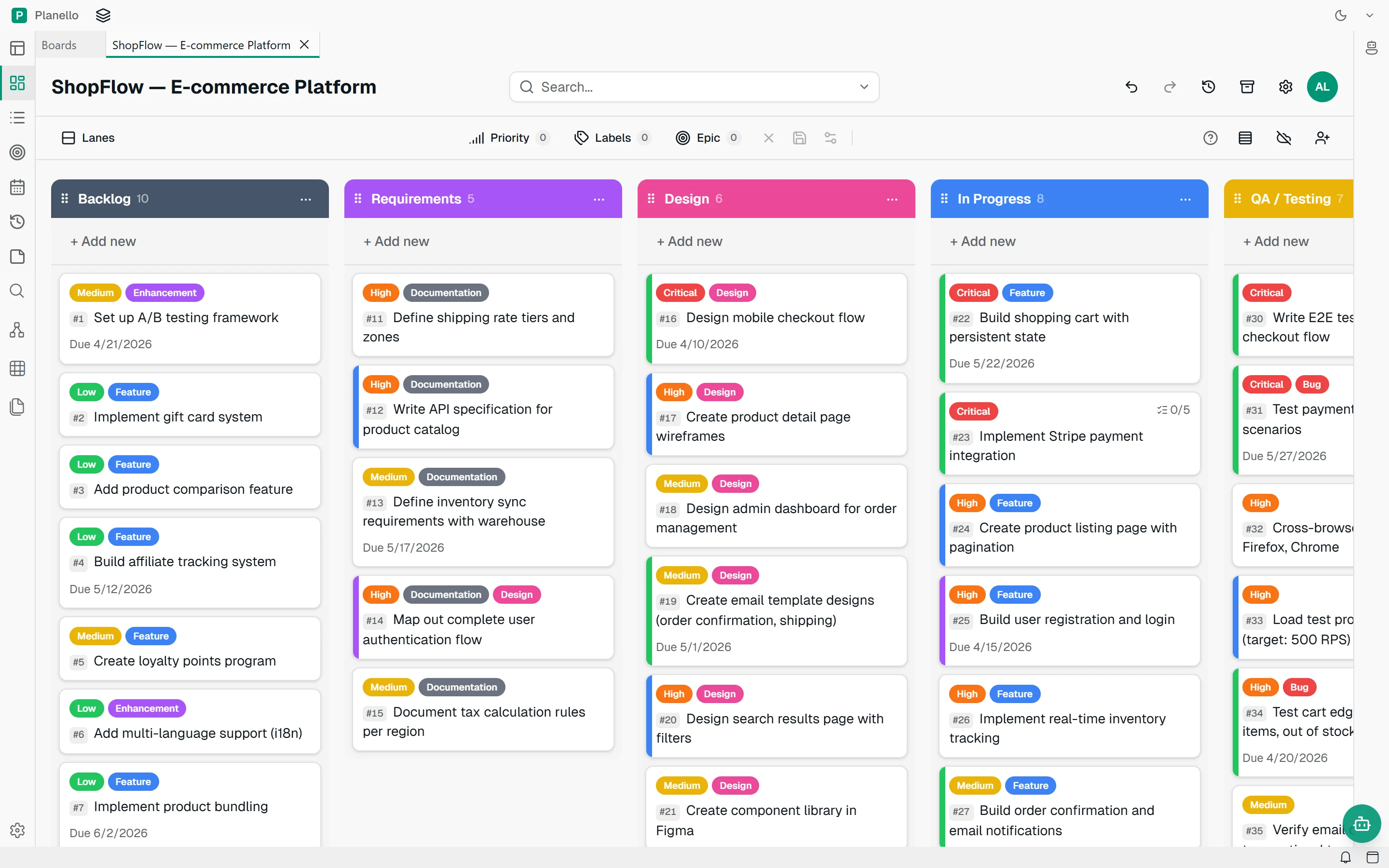 The ShopFlow board with Backlog, Requirements, Design, In Progress and QA lists