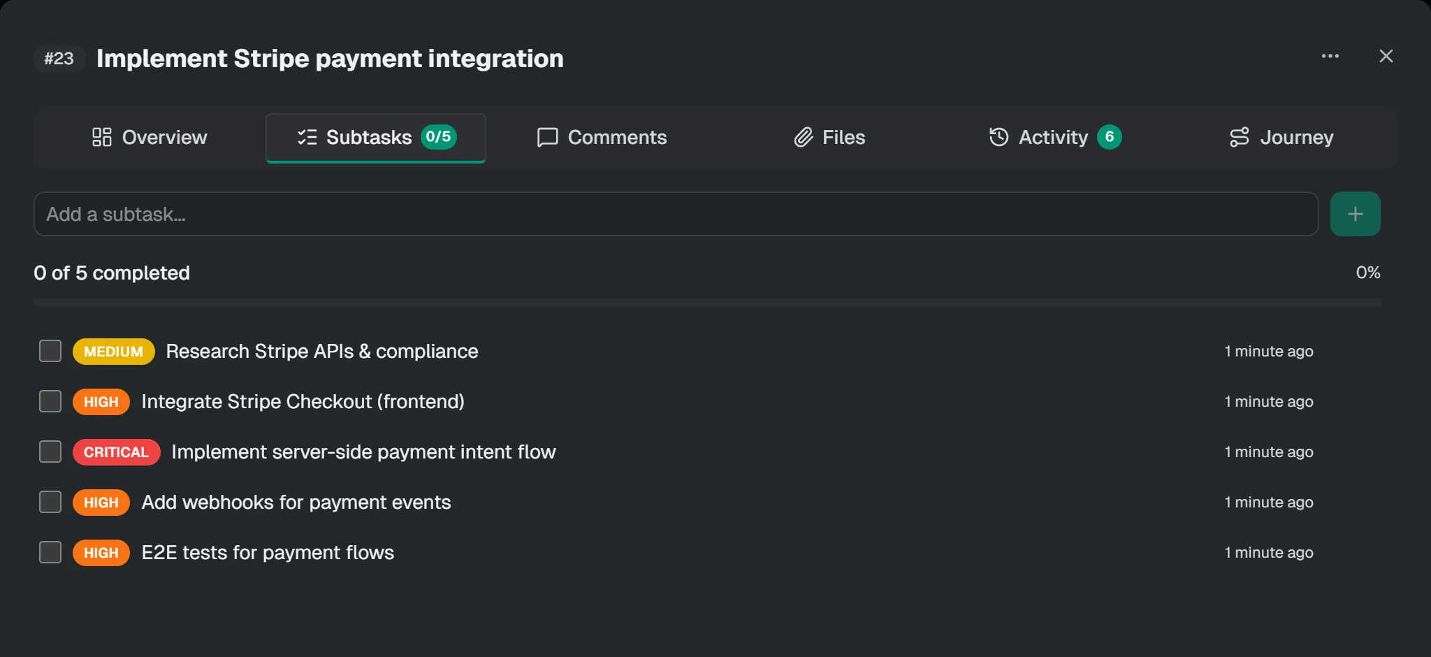Card 23, Implement Stripe payment integration, with subtasks written by Planello AI
