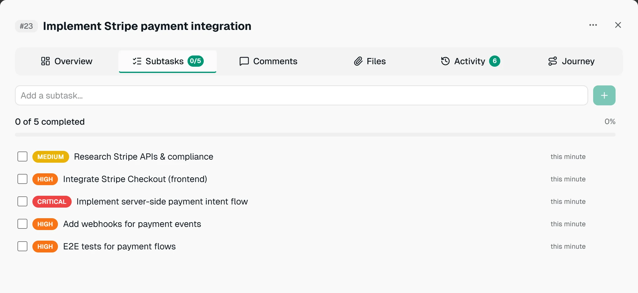 Card 23, Implement Stripe payment integration, with subtasks written by Planello AI