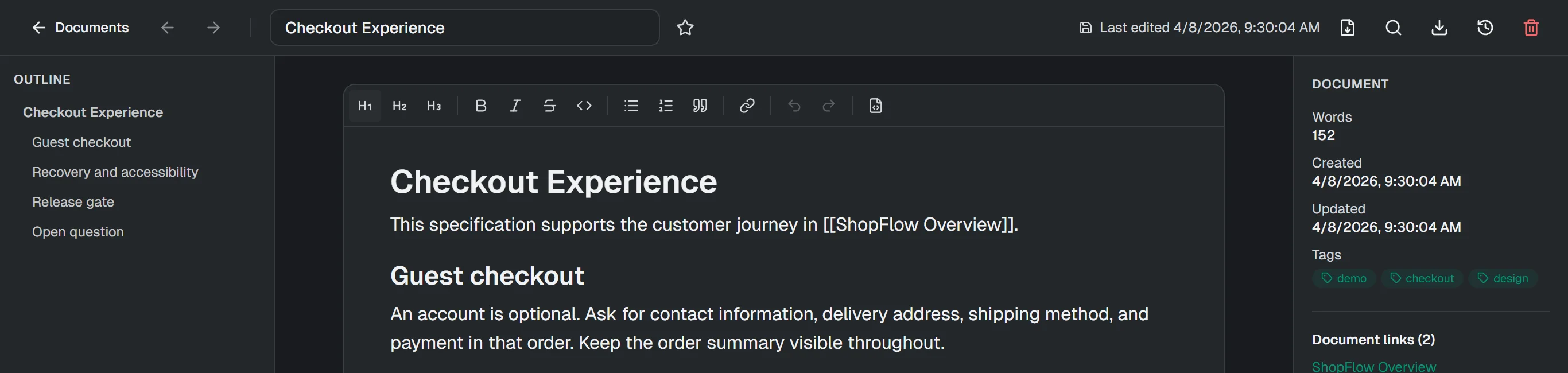 The Checkout Experience document open in Planello's Markdown editor
