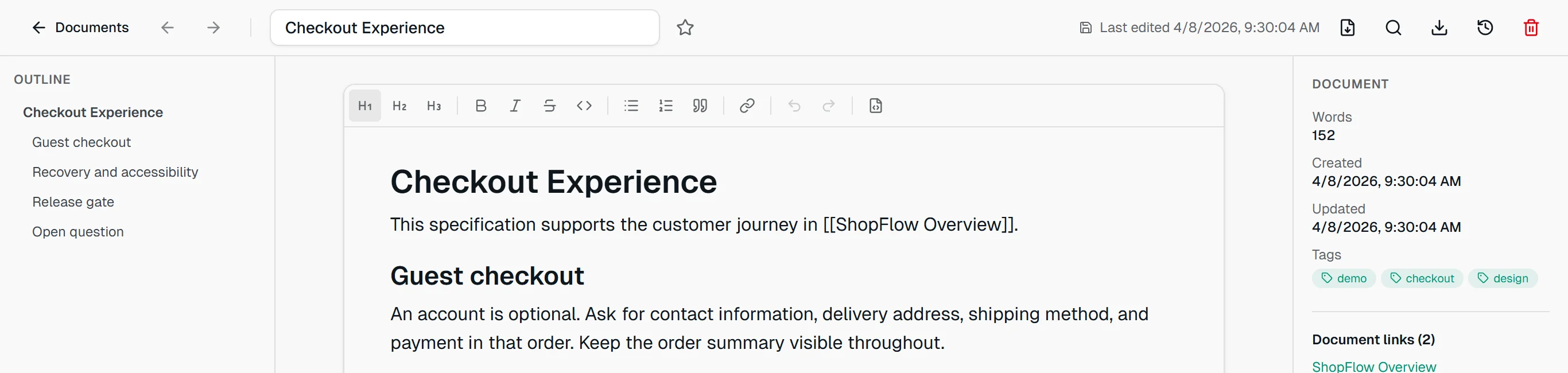The Checkout Experience document open in Planello's Markdown editor