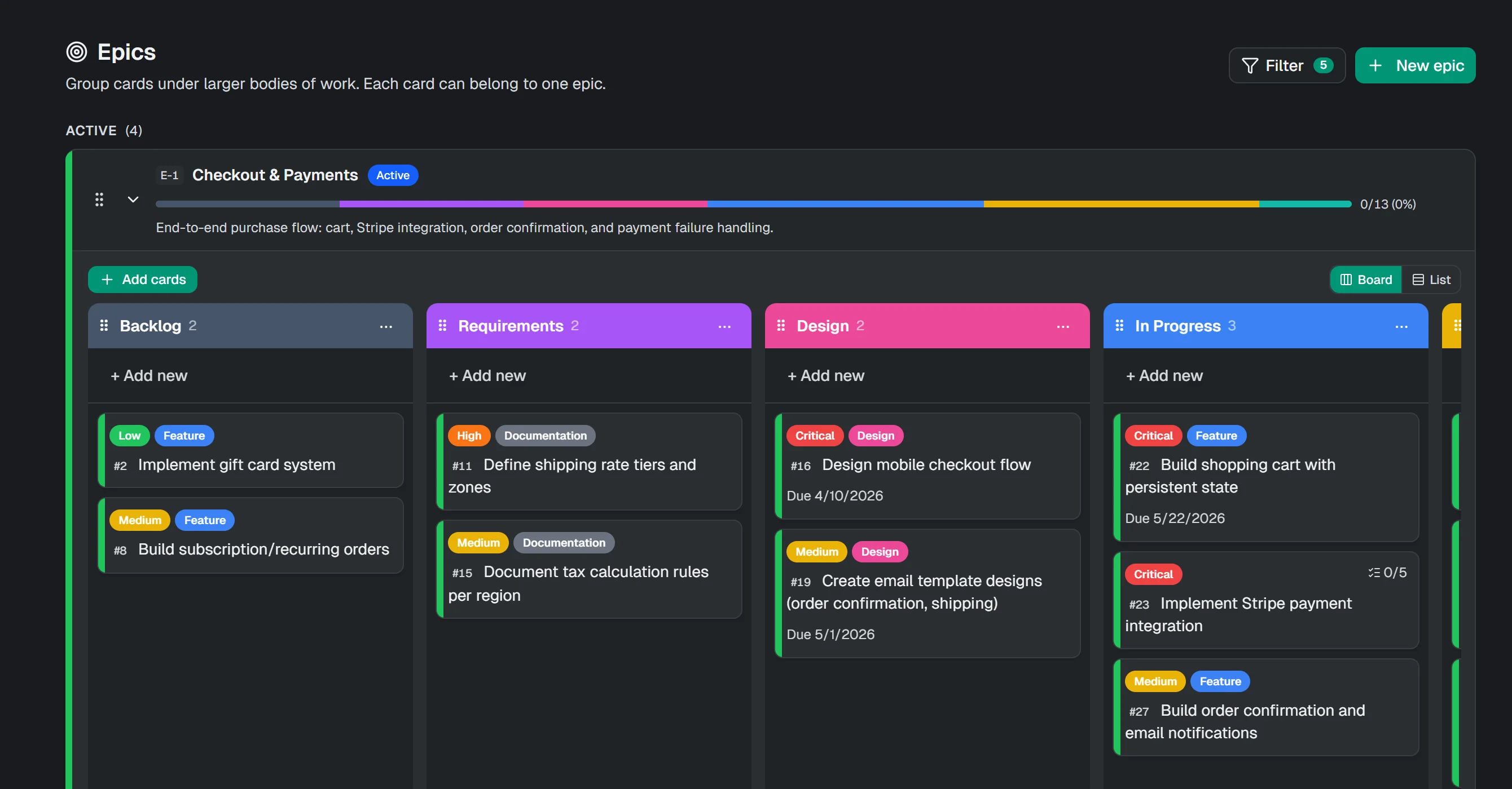 The Checkout and Payments epic, opened as a board of its cards