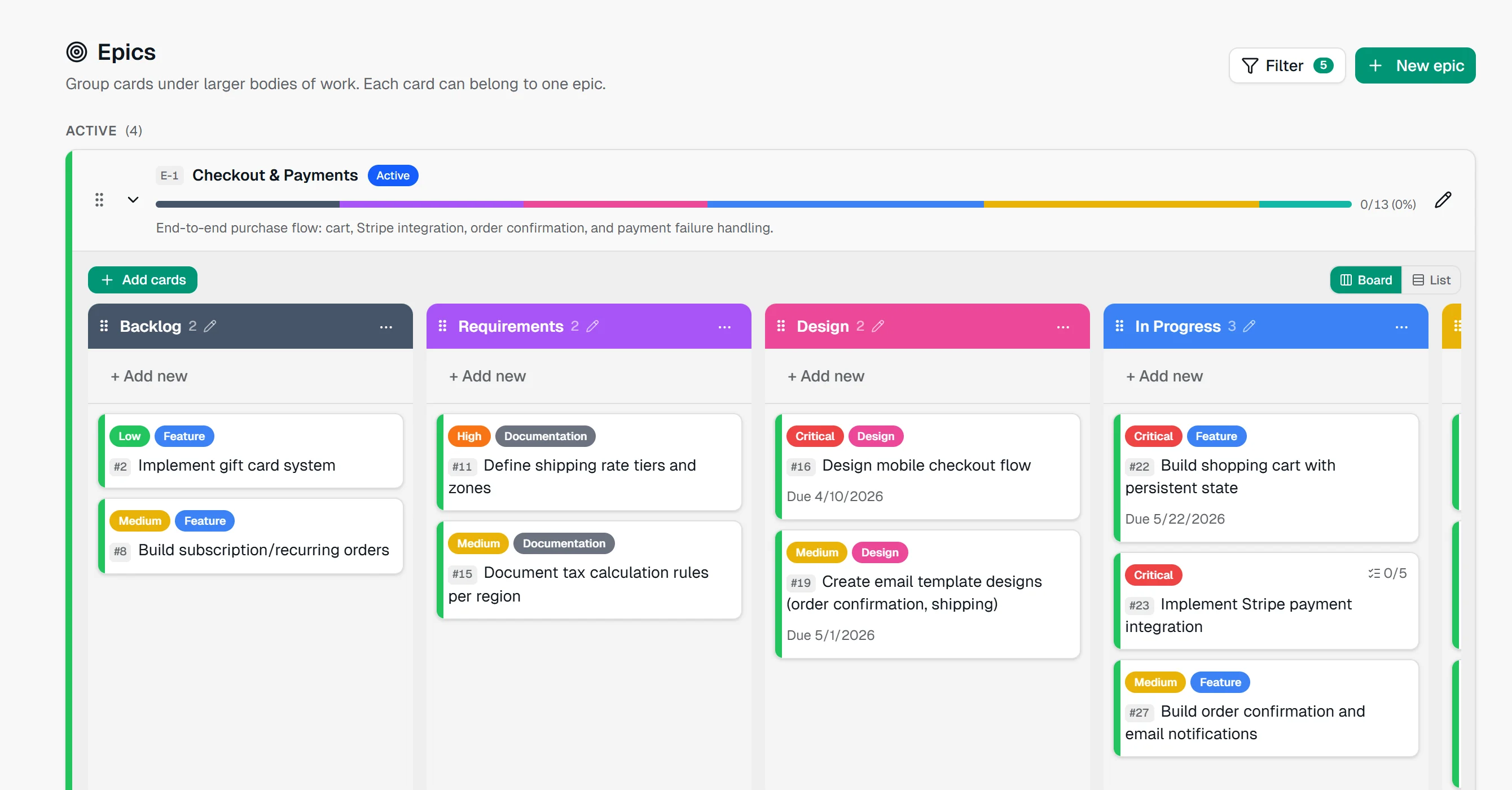 The Checkout and Payments epic, opened as a board of its cards